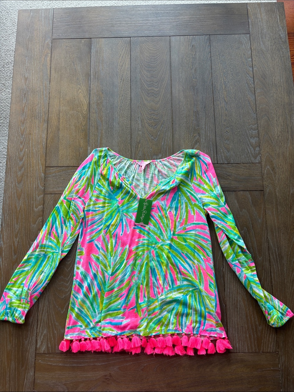 Lilly Pulitzer Pink Tropical Tassel-Hem Long Sleeve Tunic